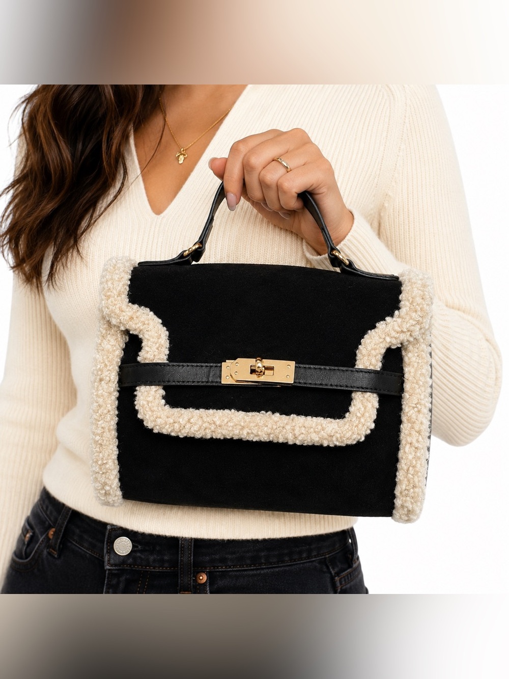 Badgley Mischka Black Faux Suede Sherpa Trim Satchel Handbag